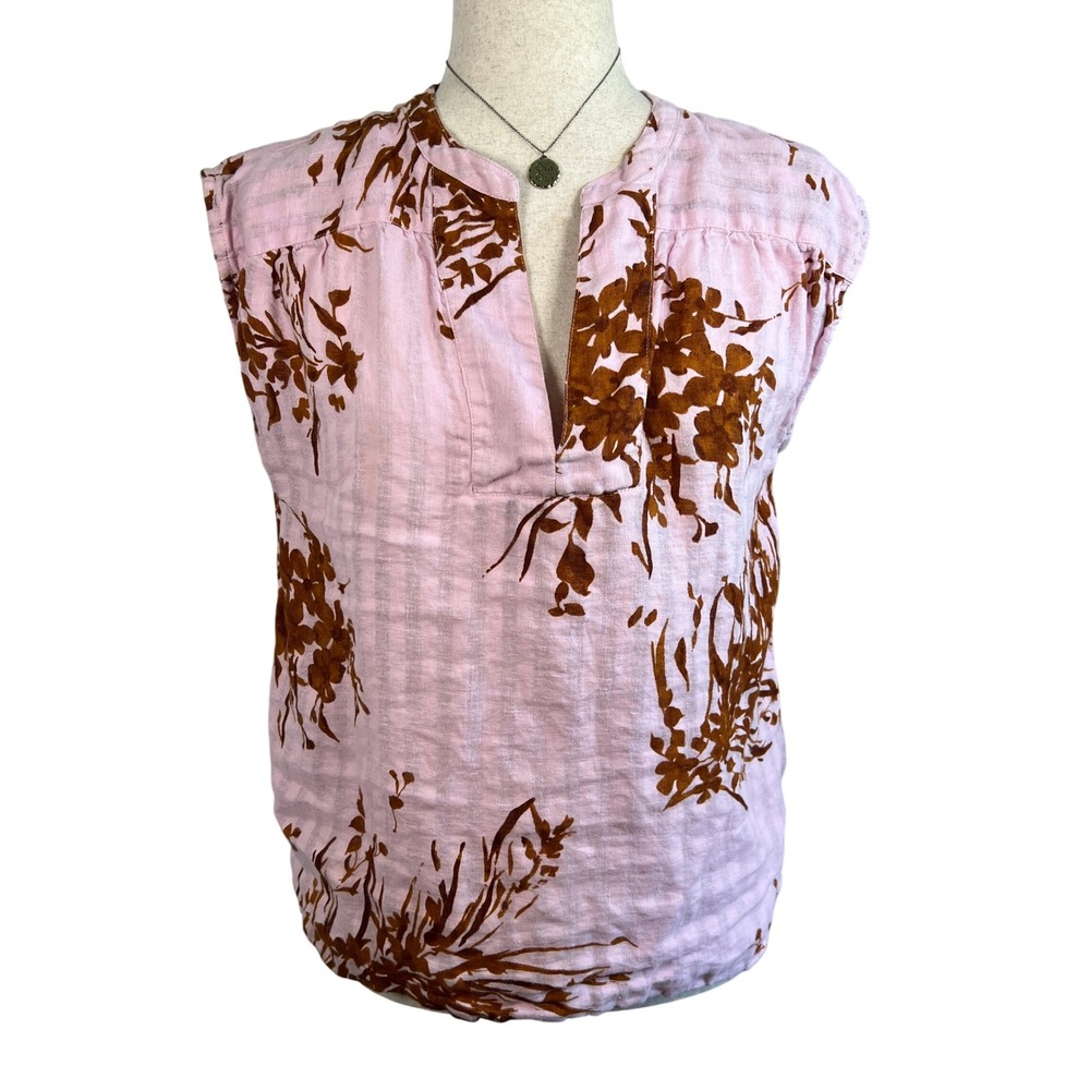 Joie Cottagecorn Pink Brown Floral 100% Linen Sleeveless Blouse Boho Top Size XS
